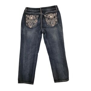 Womens Bedazzled Dark Wash Capri Jeans‎ Rhinestone Flap Pocket Size 8